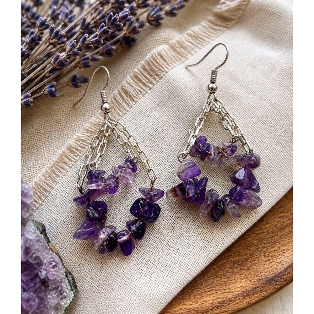 Vintage Amethyst Chip Dangle Earrings Silver Tone Chain Teardrop Boho Statement